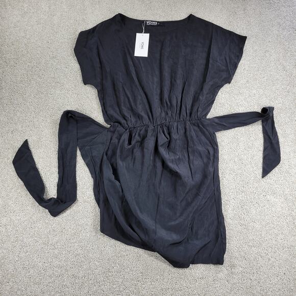 Yoins Womens Wrap Dress Large Black Tie Crewneck Short Sleeve Ruched Mini NEW - Picture 11 of 16